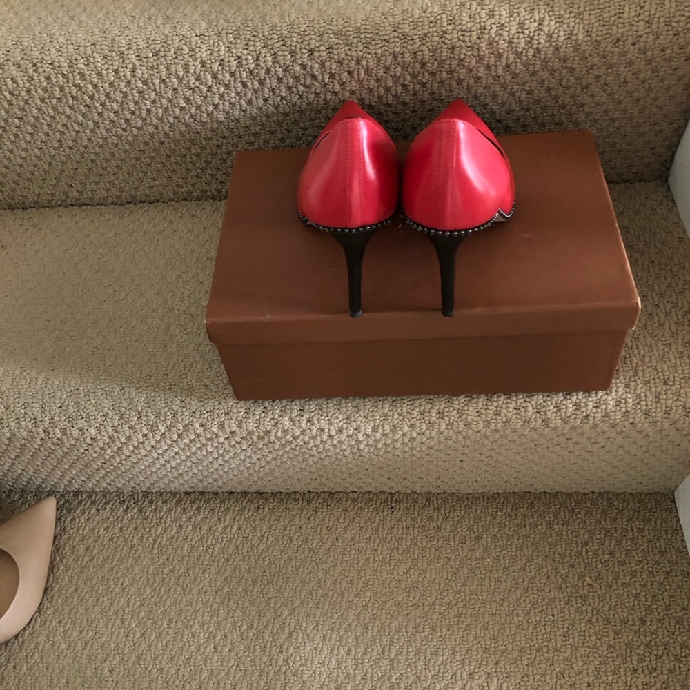 Coach Red Pointed Toe Studded Trim Stiletto Heels - Picture 6 of 7